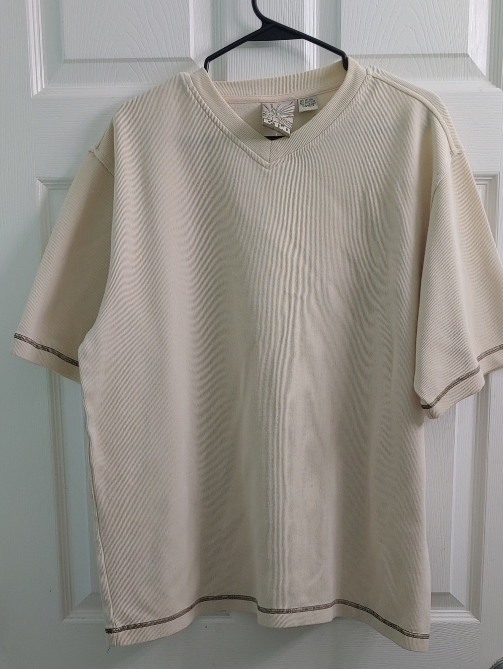 Vintage Y2K Ribbed Shirt Cream V-Neck Streetwear Men's Size XL